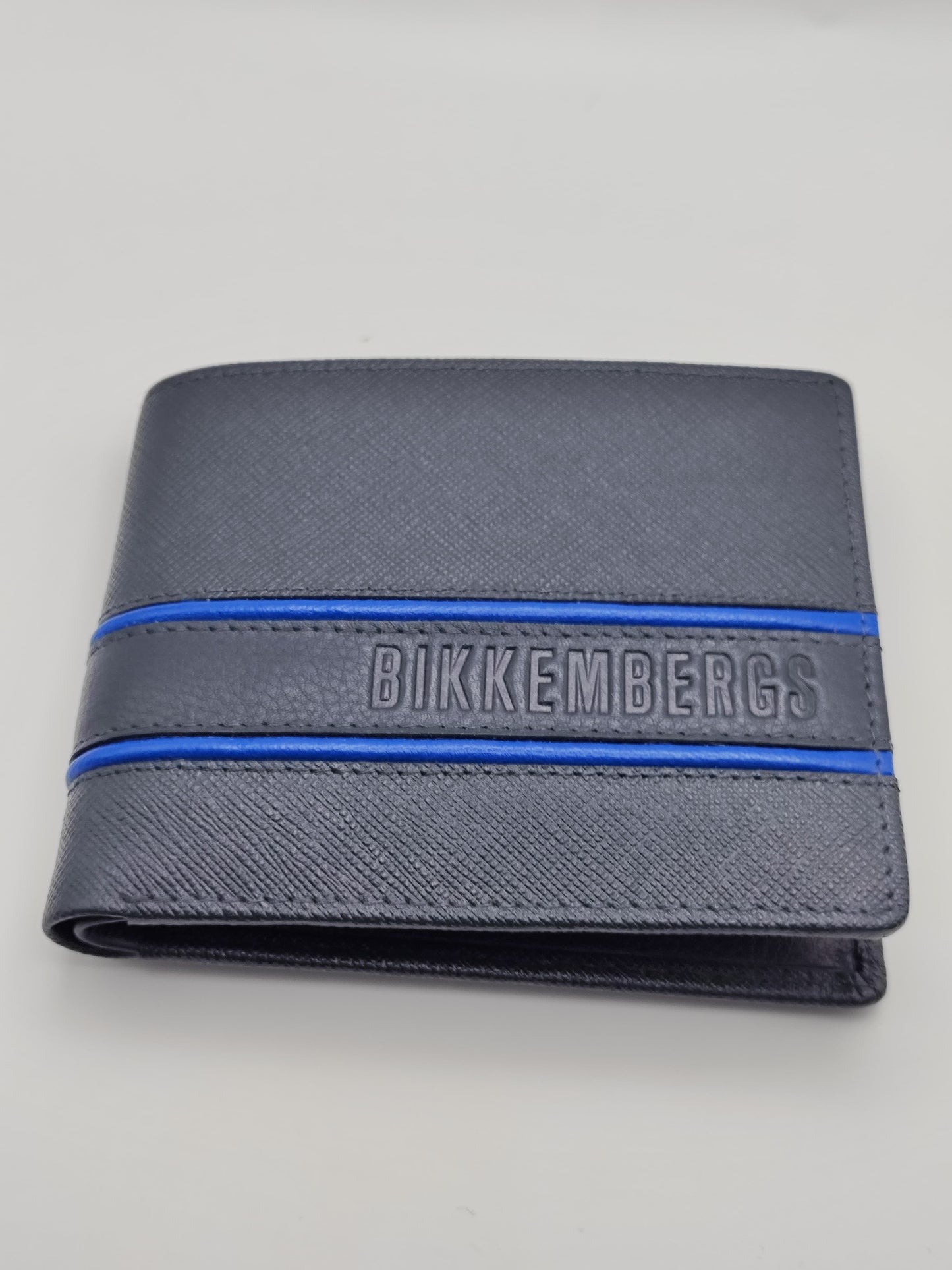 Portafoglio uomo in VERA PELLE saffiana nero con linee blu BIKKEMBERGS NO MONETE