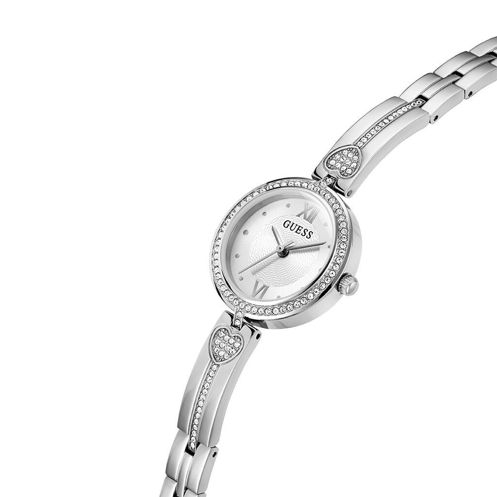 Orologio donna in acciaio Guess bracciale con cuore di pietre luminose pubblicità 2025