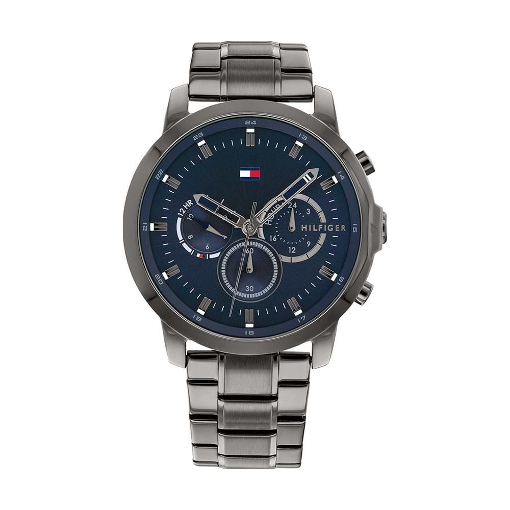 Orologio uomo Tommy Hilfiger in acciaio grigio fumo fondo blu notte multifunzione