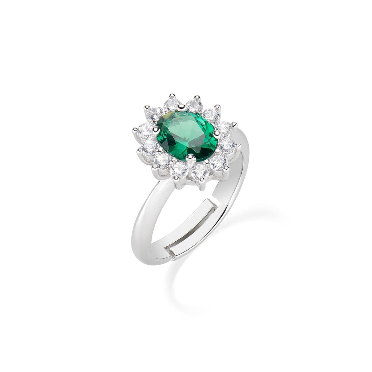 Anello regolabile con pietra VERDE e contorno di zirconi bianchi in argento 925 e AMEN modello KATE
