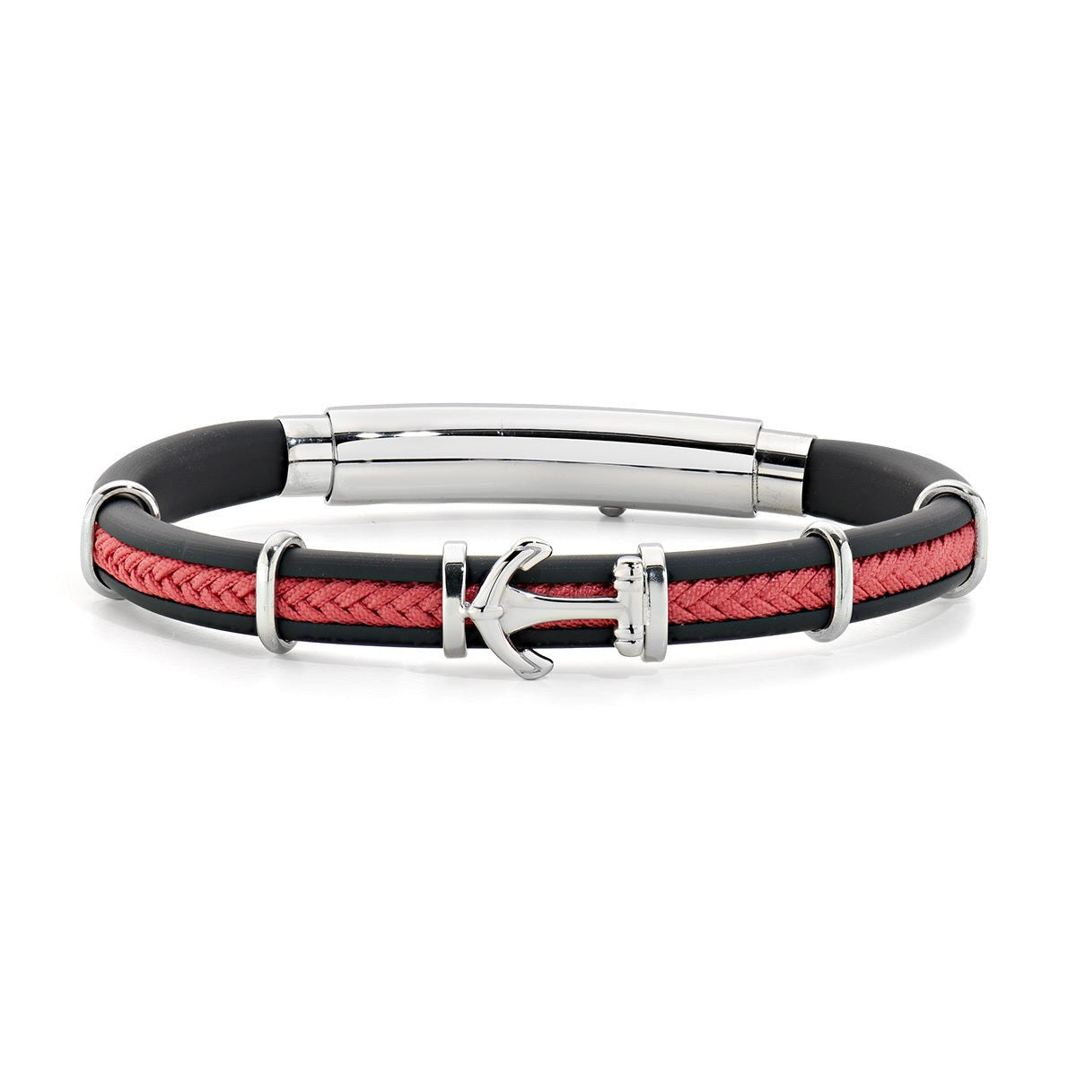 Bracciale uomo in Acciaio e Caucciù con Ancora e Treccia rossa Amen