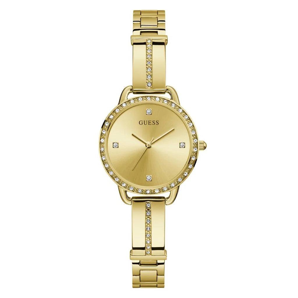 Orologio donna Guess bracciale con tennis di pietre luminose sul cinturino pubblicità inverno 2024/25
