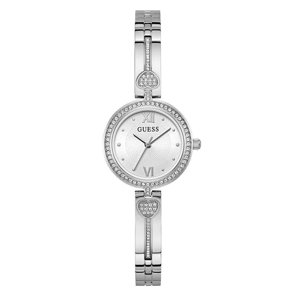 Orologio donna in acciaio Guess bracciale con cuore di pietre luminose pubblicità 2025