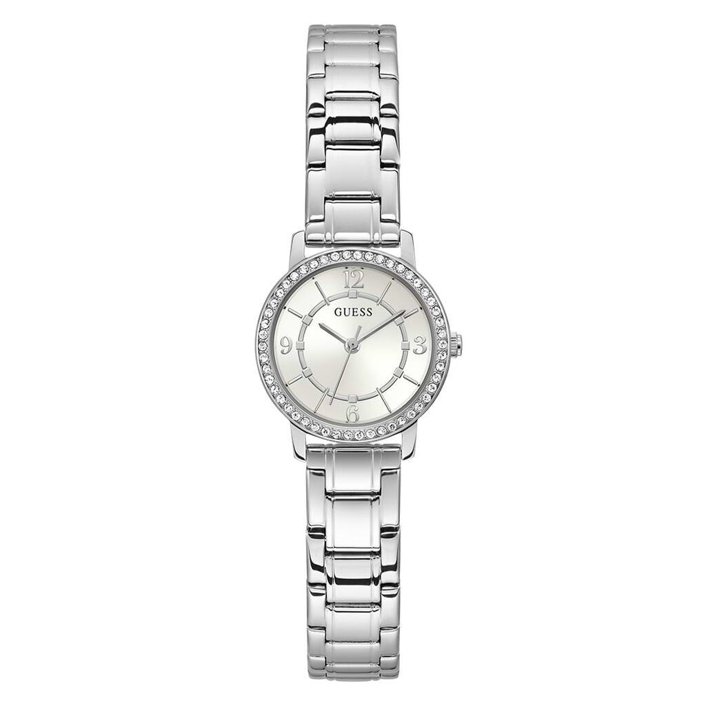 Orologio donna in acciaio Guess quadrante bianco semplice con ghiera di zirconi luminosi