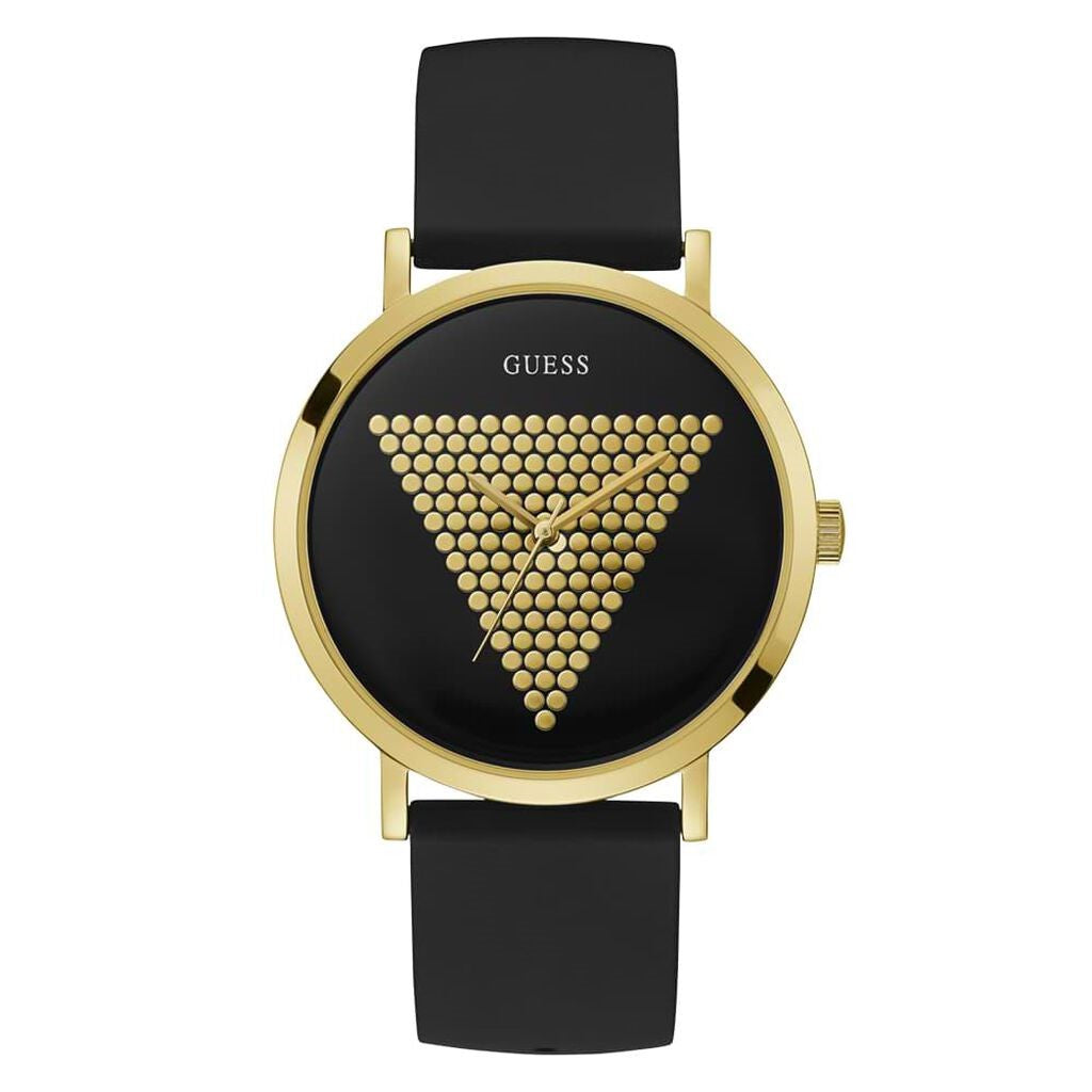 Orologio uomo in gomma silicone nero cassa color oro triangolo logo GUESS lucido