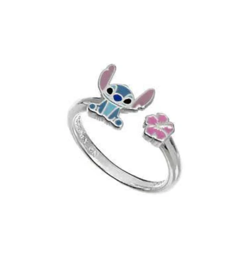 Anello bambina STITCH regolabile blu con fiore rosa in argento 925 originale DISNEY