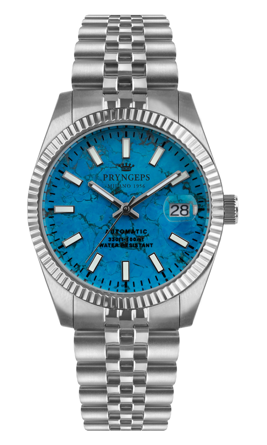 Orologio uomo in acciaio con quadrante in pietra naturale turchese cassa simile Role x