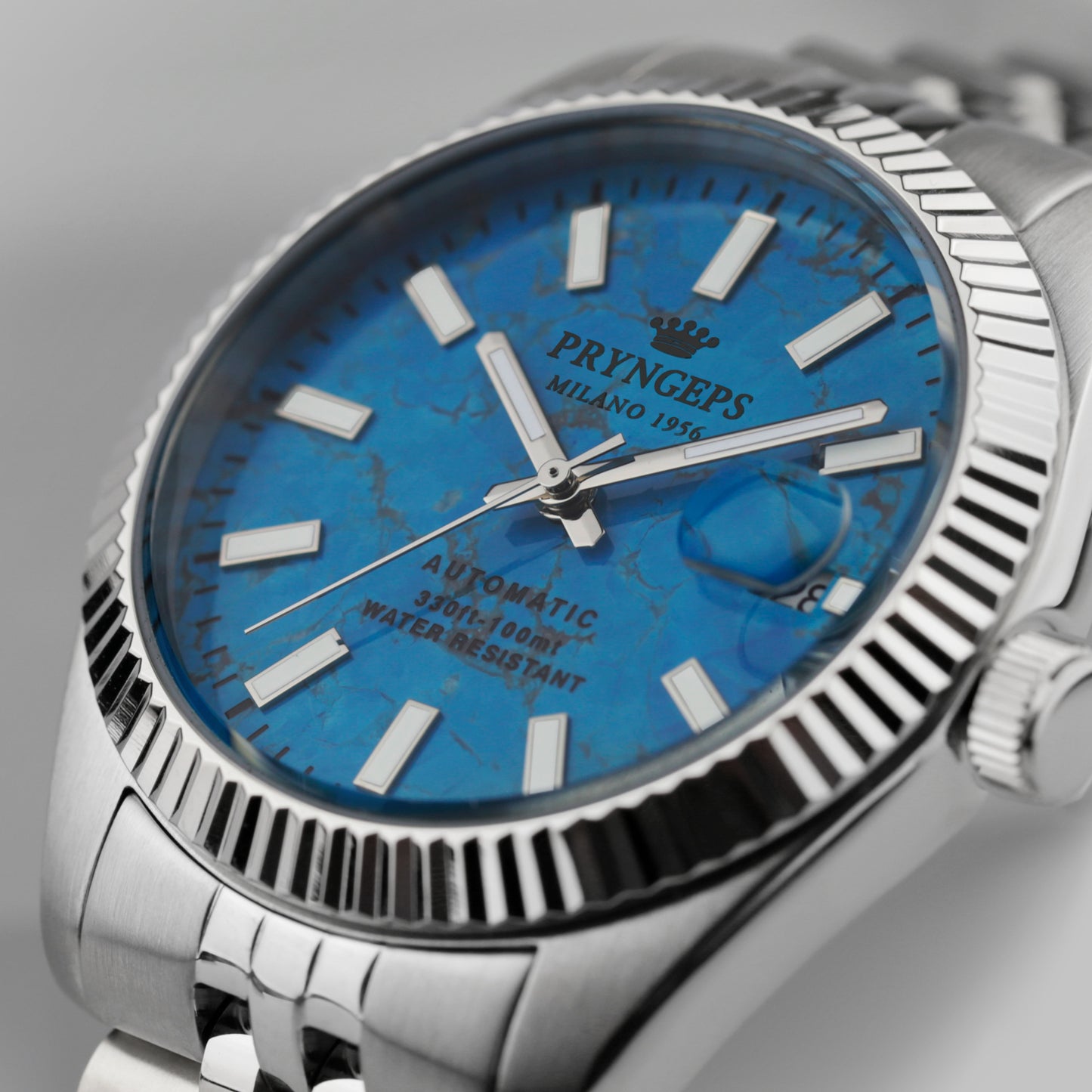 Orologio uomo in acciaio con quadrante in pietra naturale turchese cassa simile Role x