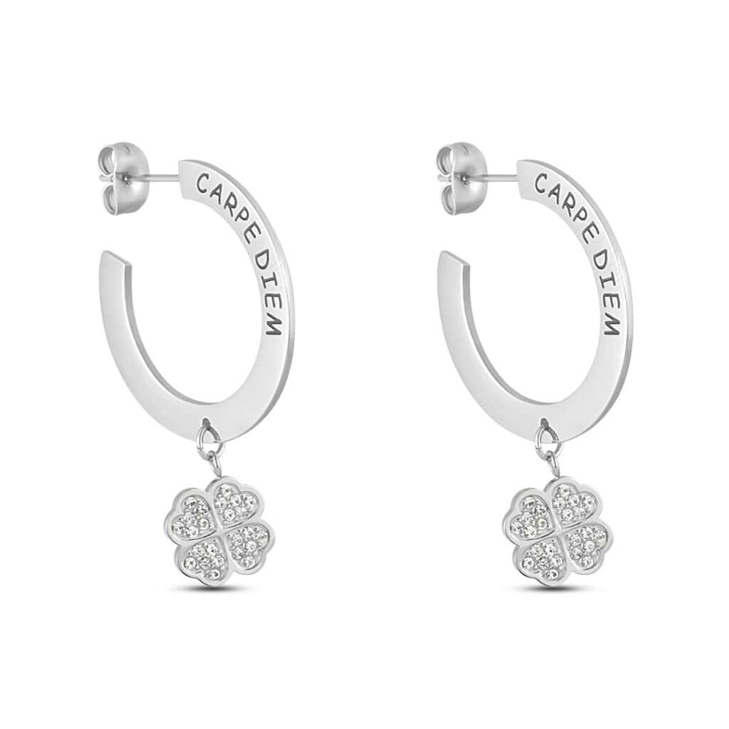 Orecchini STROILI mezzo cerchio con quadrifoglio luminoso CARPE DIEM cogli l'attimo in acciaio medico IN PROMOZIONE