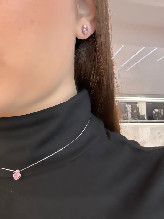 Collana e orecchini a lobo forma cuore  di cristallo ROSA swarovski in argento 925 IN PROMOZIONE