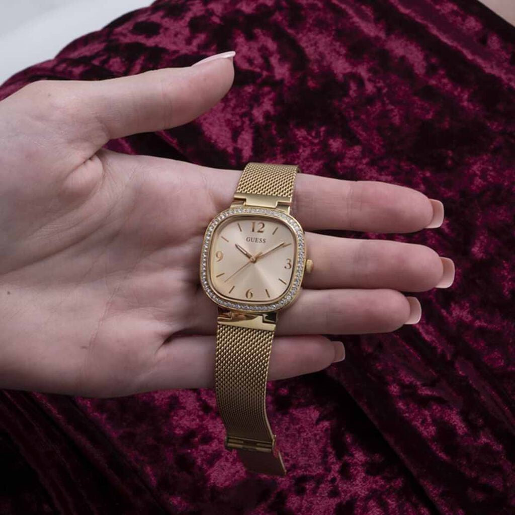 Orologio donna maglia milano dorato Guess cassa quadrata con pietre luminose