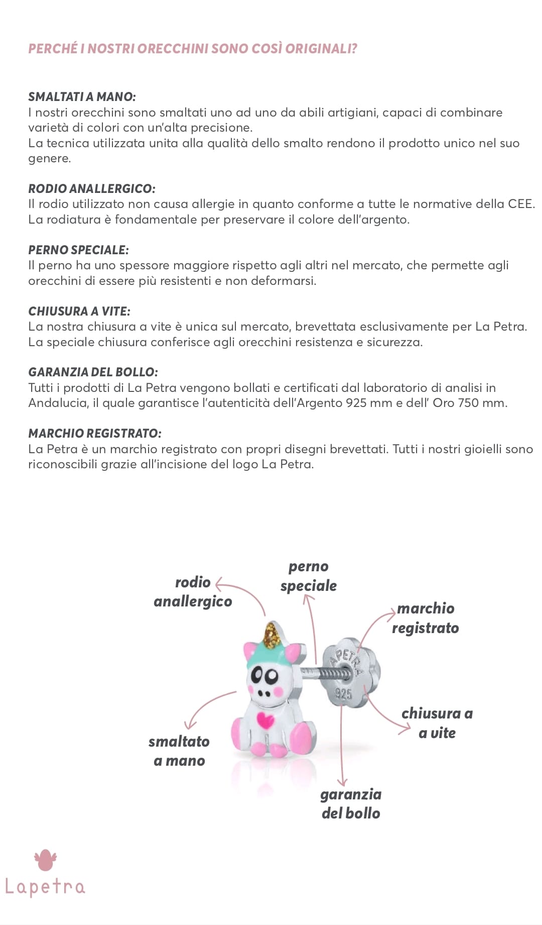 Orecchini per bambina in argento ANALLERGICI con varie forme unicorno stella fiore fiocco LAPETRA AMEN GIOIELLI