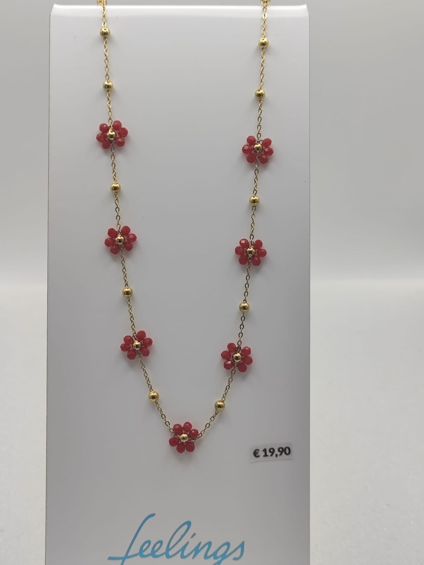 Collana fiori margherite con perline rosse base acciaio dorato anallergico