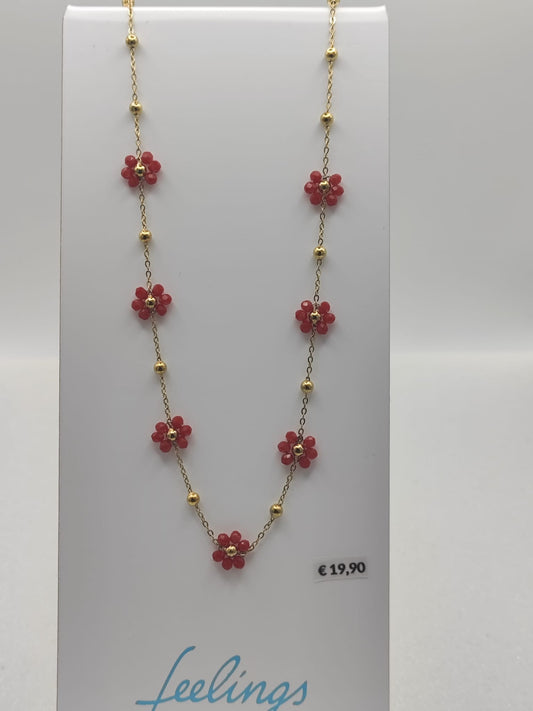 Collana fiori margherite con perline rosse base acciaio dorato anallergico