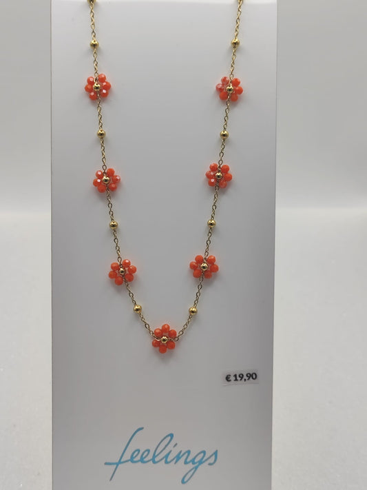 Collana fiori margherite con perline arancione base acciaio dorato anallergico