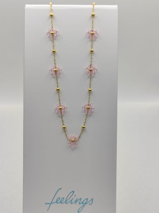 Collana fiori margherite con perline rosa base acciaio dorato anallergico