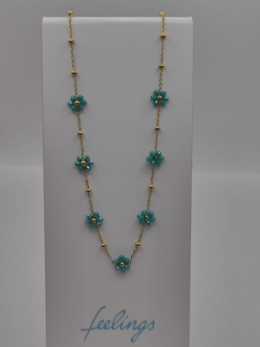 Collana fiori margherite con perline verde acqua marina base acciaio dorato anallergico