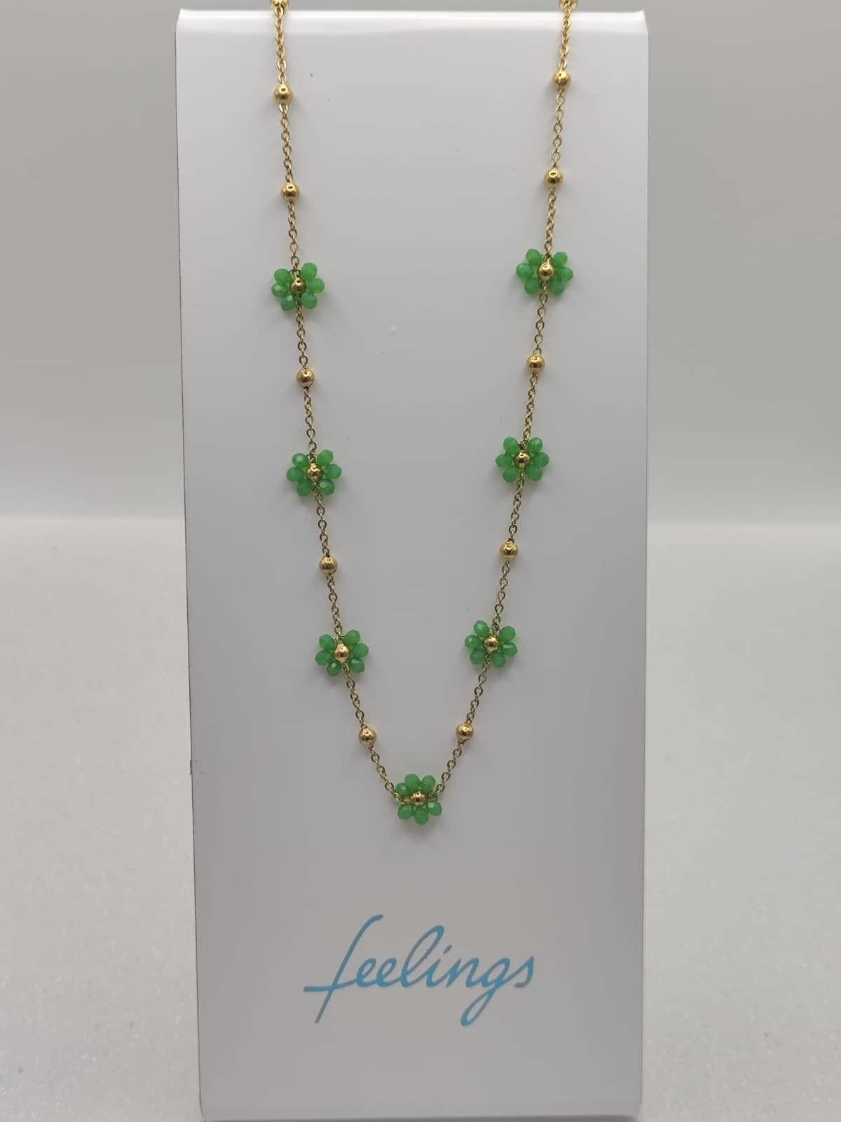 Collana fiori margherite con perline verdi base acciaio dorato anallergico