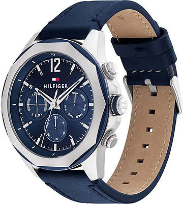 Orologio uomo Tommy Hilfiger in pelle blu e cassa acciaio multifunzione