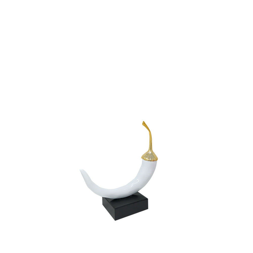 SCULTURA PEPERONCINO CORNO BIANCO E ORO SU BASE NERA LUCIDA