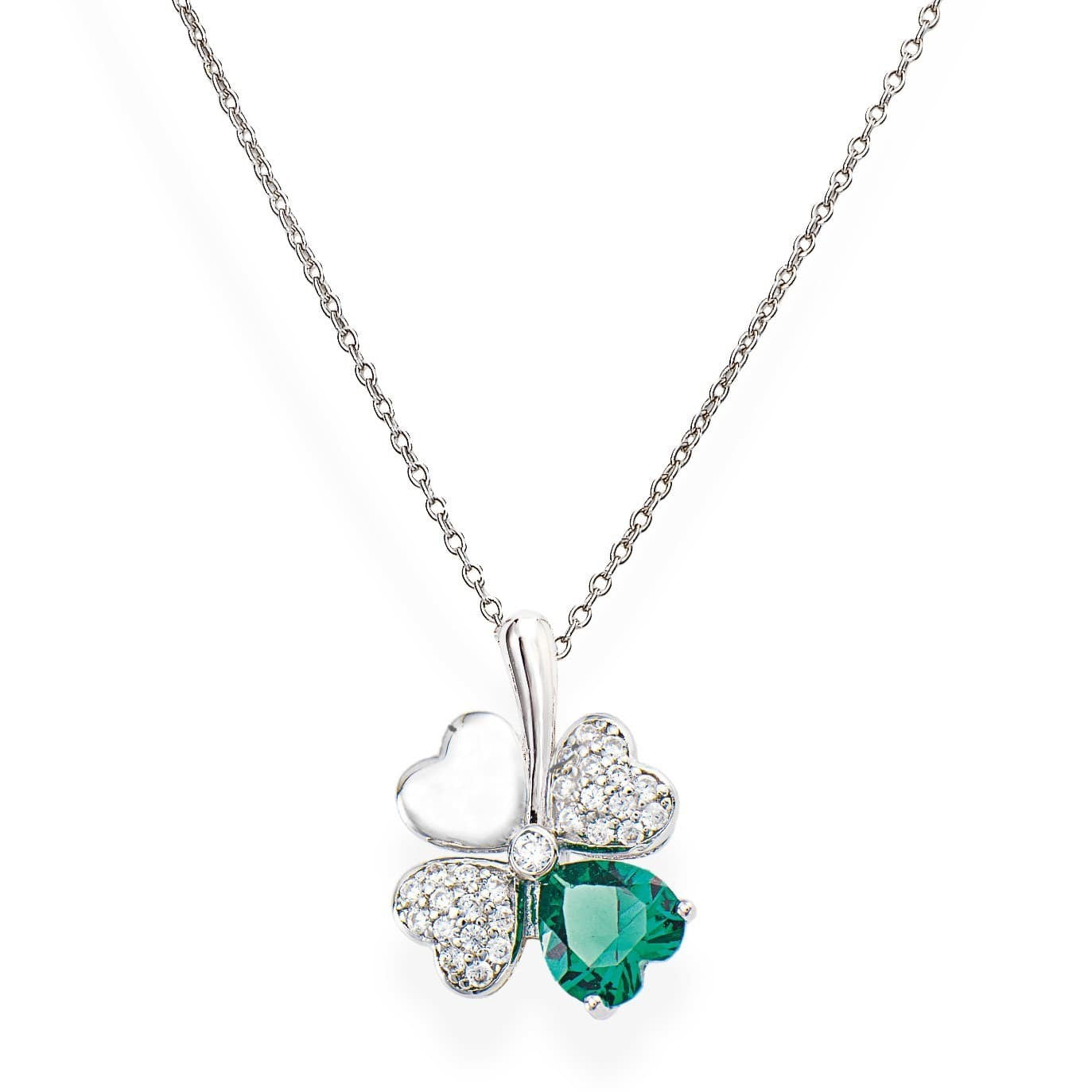 Collana QUADRICUORE quadrifoglio e cuore VERDE con cristalli bianchi swarovski in argento 925 AMEN