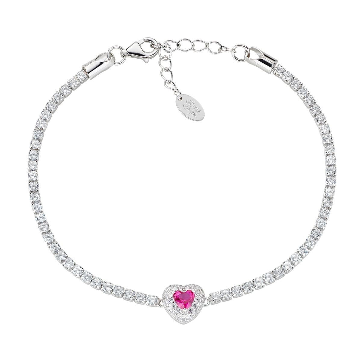 Bracciale tennis con cuore colore rosso rubino in argento 925 e zirconi bianchi AMEN