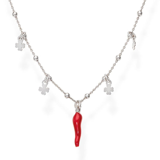 Collana con quadrifoglio e corno rosso in argento 925 AMEN