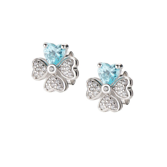 Orecchini QUADRICUORE quadrifoglio e cuore con cristalli bianchi e azzurro celeste colore acquamarina in argento 925 AMEN