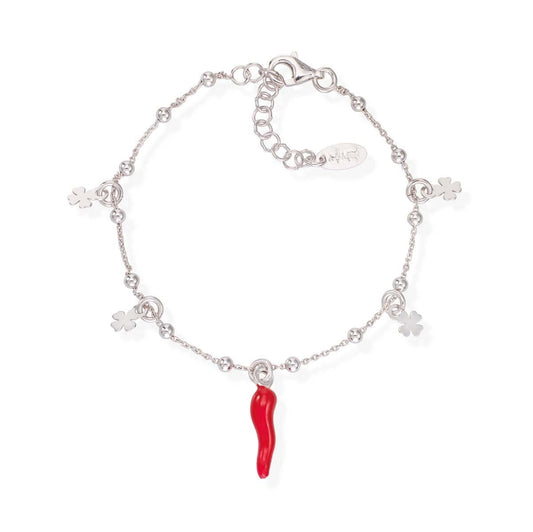 Bracciale con quadrifoglio e corno rosso pendente in argento 925 AMEN