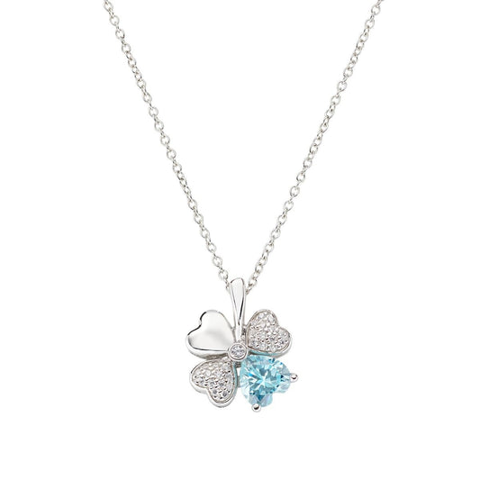 Collana QUADRICUORE quadrifoglio e cuore colore CELESTE ACQUAMARINA con cristalli bianchi swarovski in argento 925 AMEN