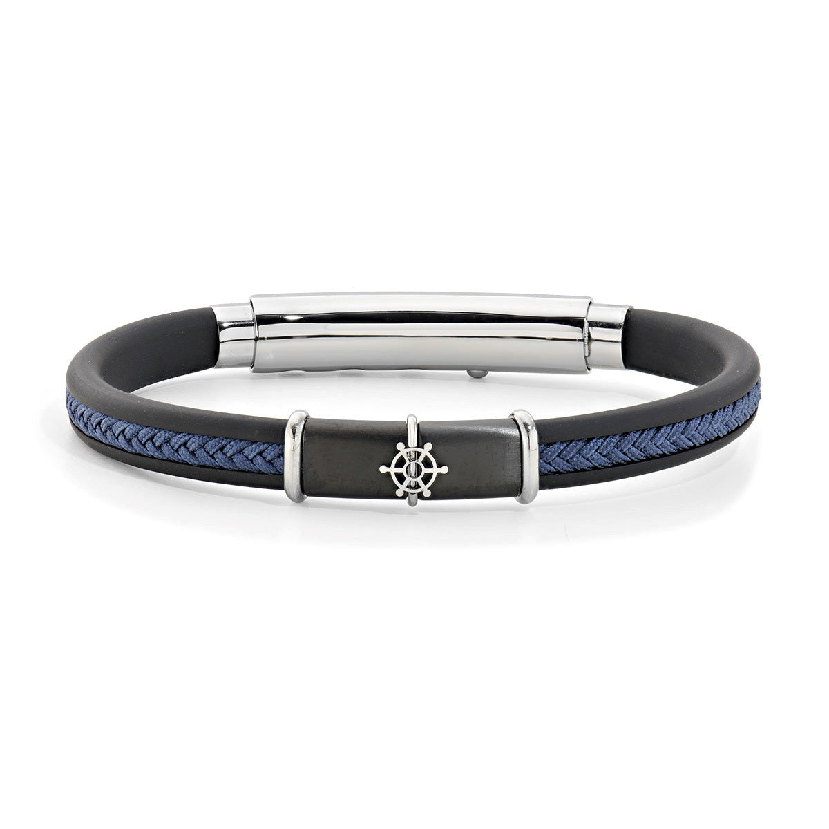 Bracciale uomo in Acciaio e Caucciù con Timone nero e blu Amen