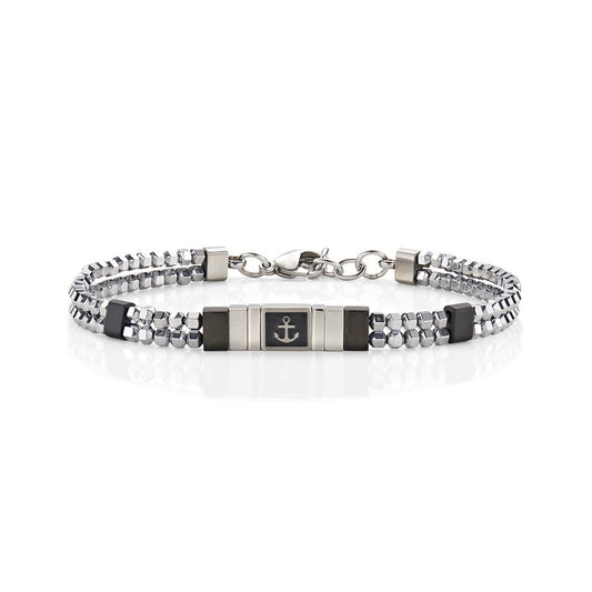 Bracciale uomo in Acciaio con Ematite e Smalto Nero Ancora nera Amen