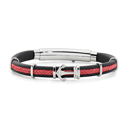 Bracciale uomo in Acciaio e Caucciù con Ancora e Treccia rossa Amen