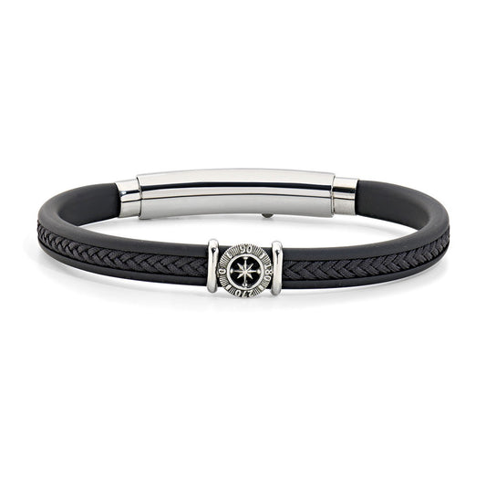 Bracciale uomo nero in Acciaio e Caucciù con Rosa dei Venti Amen