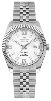 Orologio uomo in acciaio automatico con quadrante bianco PRYNGEPS marchio storico