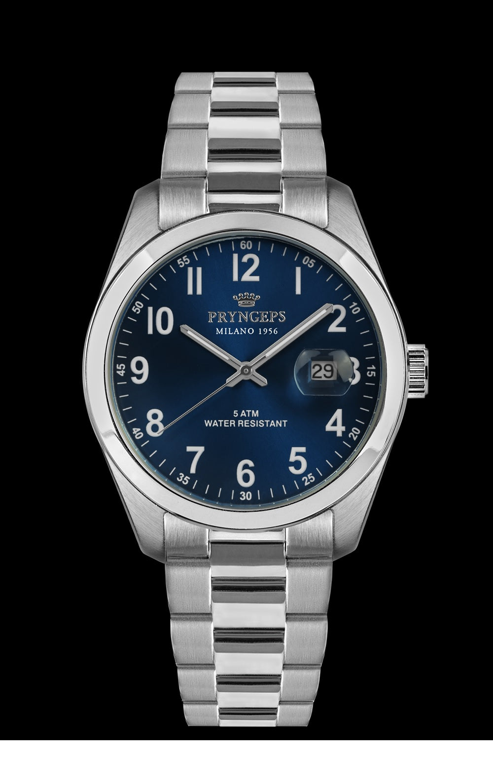 Orologio uomo in acciaio con numeri e quadrante blu PRYNGEPS marchio storico