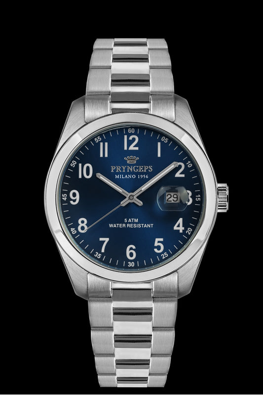 Orologio uomo in acciaio con numeri e quadrante blu PRYNGEPS marchio storico