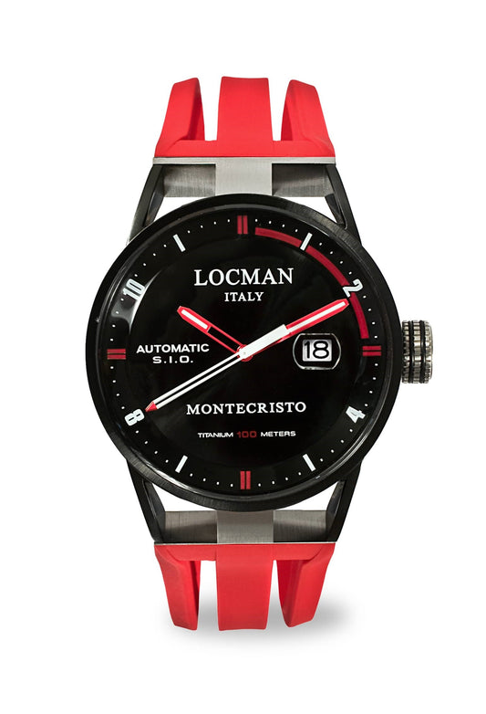 Orologio uomo automatico LOCMAN con quadrante nero e cinturino in silicone rosso MONTECRISTO