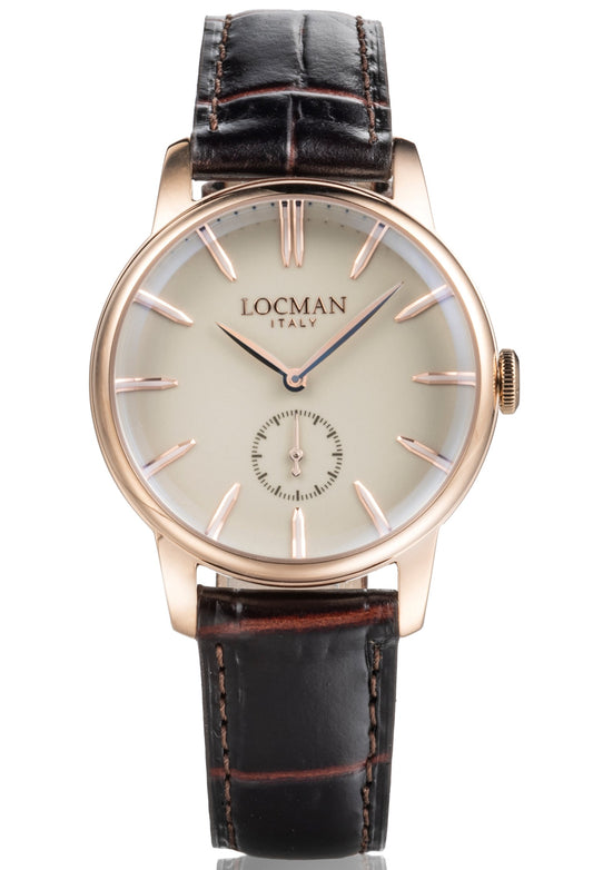 Orologio uomo LOCMAN in pelle marrone cassa rosè elegante vetro bombato vintage