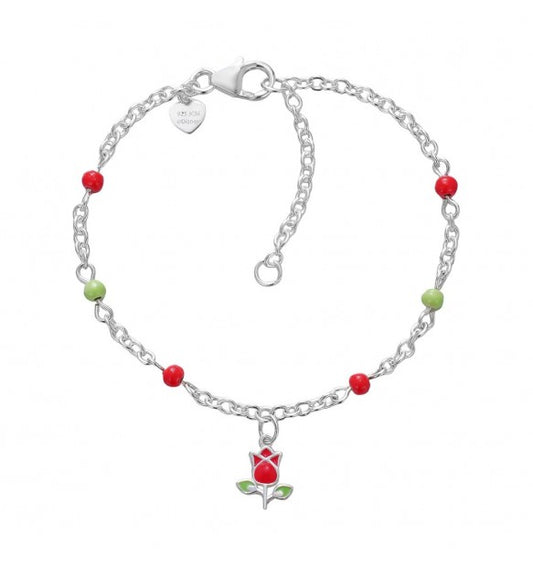 Bracciale bambina pendente ROSA ROSSA con cristalli ROSSI E VERDE in argento 925 originale DISNEY