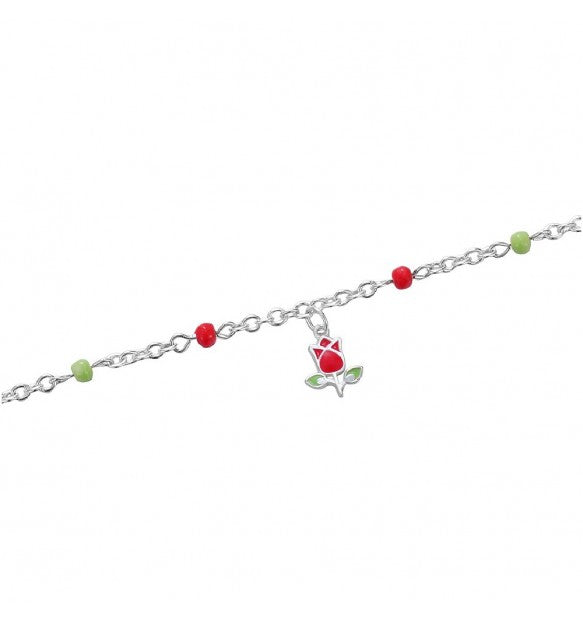 Bracciale bambina pendente ROSA ROSSA con cristalli ROSSI E VERDE in argento 925 originale DISNEY