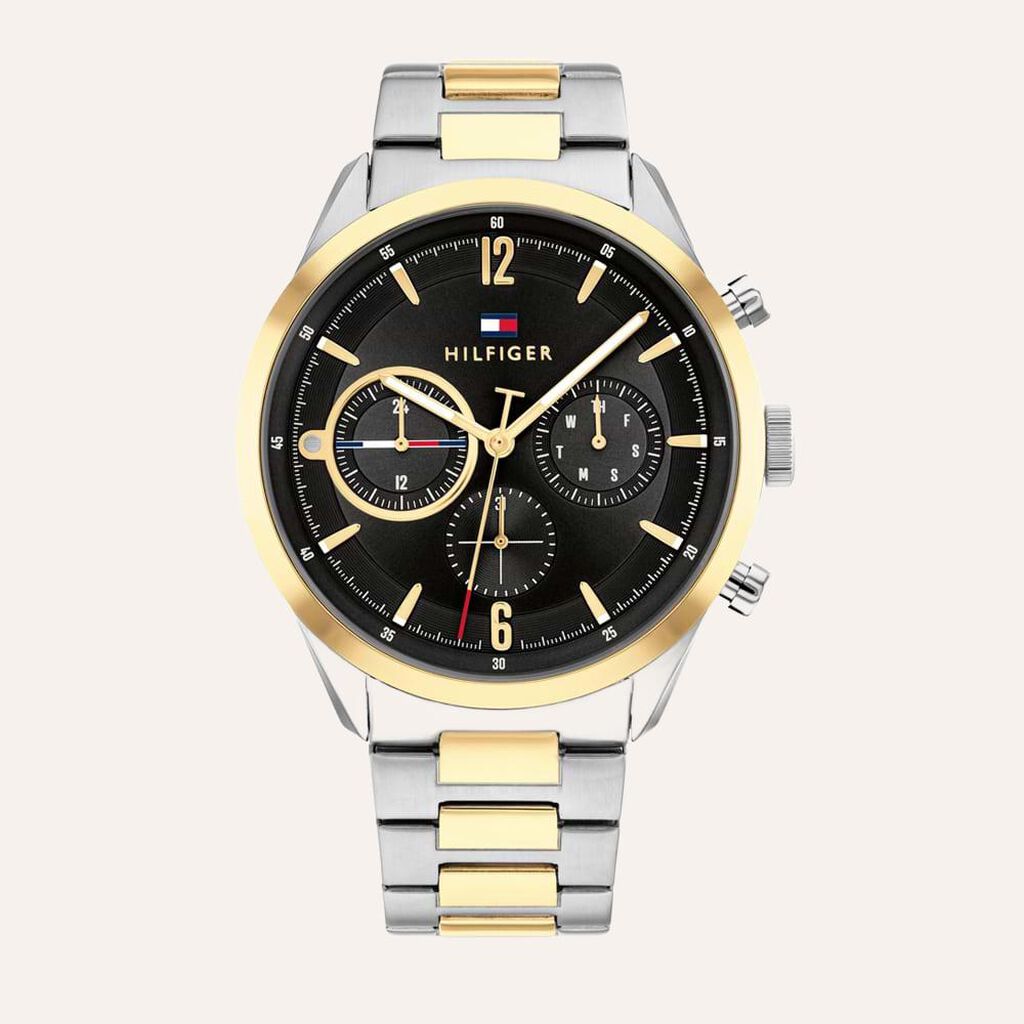 Orologio uomo Tommy Hilfiger quadrante nero cinturino acciaio e dorato multifunzione