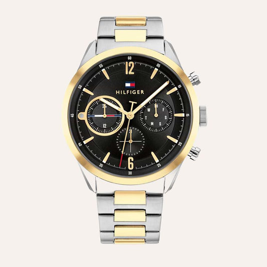 Orologio uomo Tommy Hilfiger quadrante nero cinturino acciaio e dorato multifunzione