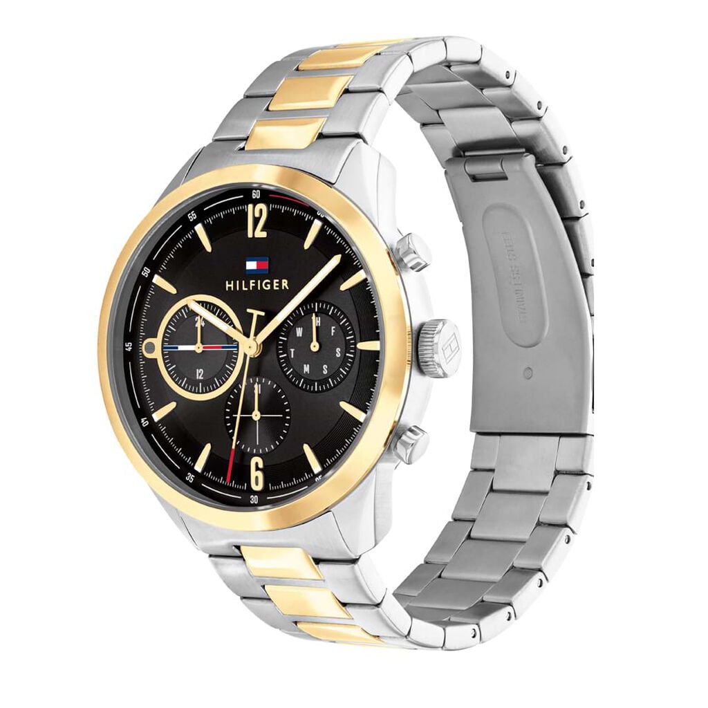 Orologio uomo Tommy Hilfiger quadrante nero cinturino acciaio e dorato multifunzione