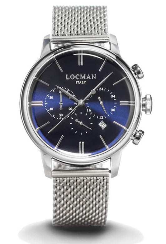 Orologio uomo LOCMAN in acciaio maglia milano cronografo quadrante blu con sfere argento
