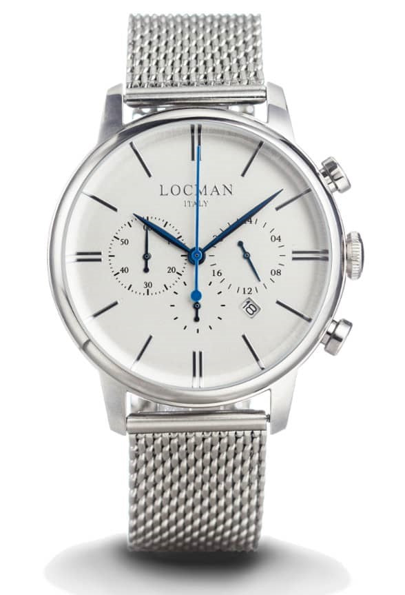 Orologio uomo LOCMAN in acciaio maglia milano quadrante bianco con sfere blu e datario