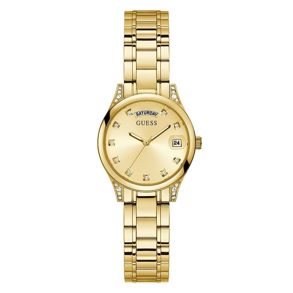 Orologio donna in acciaio dorato Guess con pietre luminose con giorno e datario
