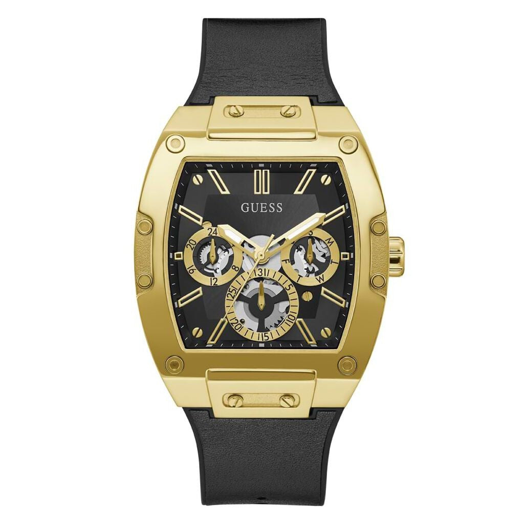 Orologio uomo in pelle nera morbida cassa rettangolare dorata GUESS