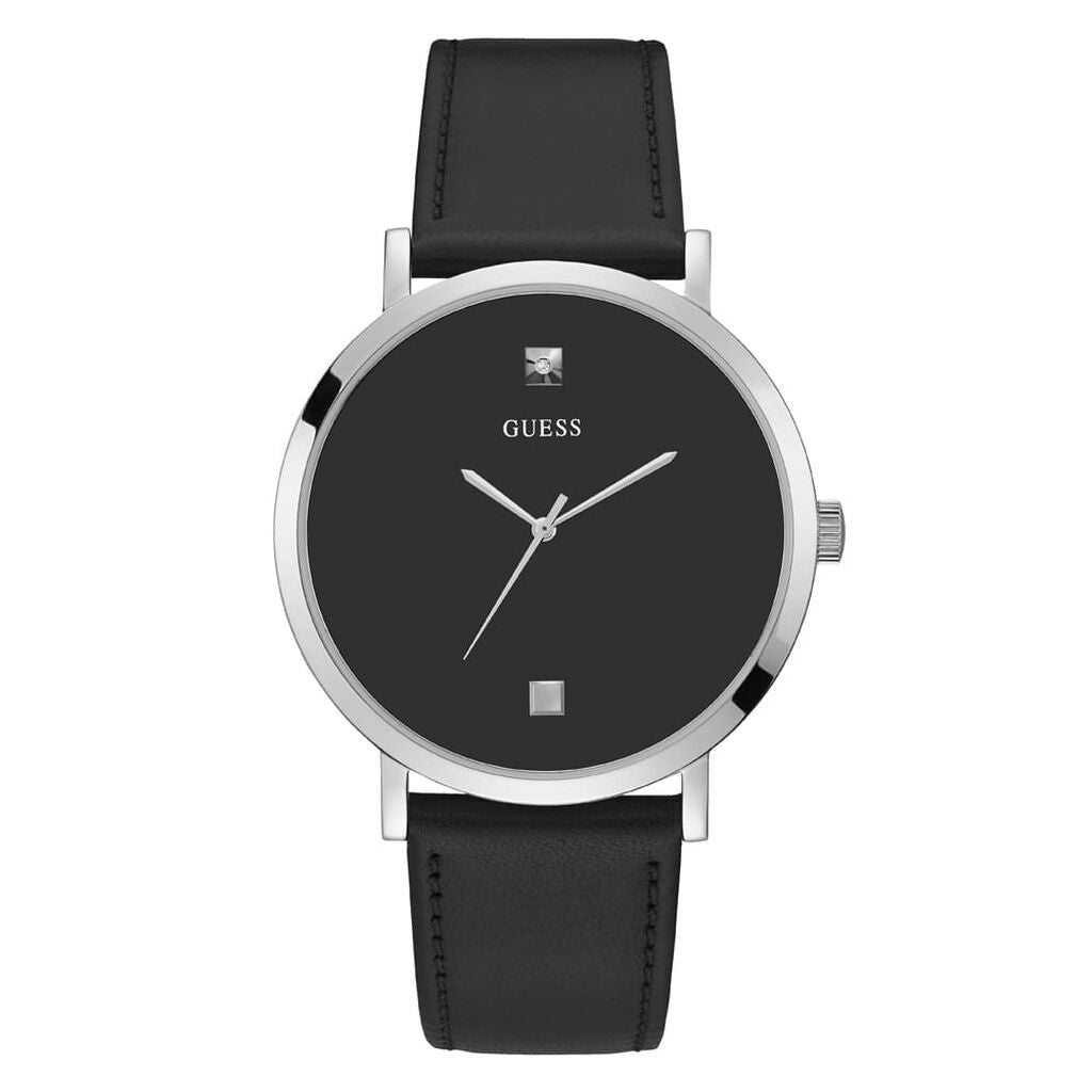 Orologio uomo in pelle nero cassa acciaio quadrante con brillantino GUESS