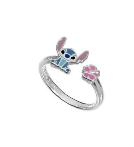 Anello bambina STITCH regolabile blu  con fiore rosa in argento 925 originale DISNEY